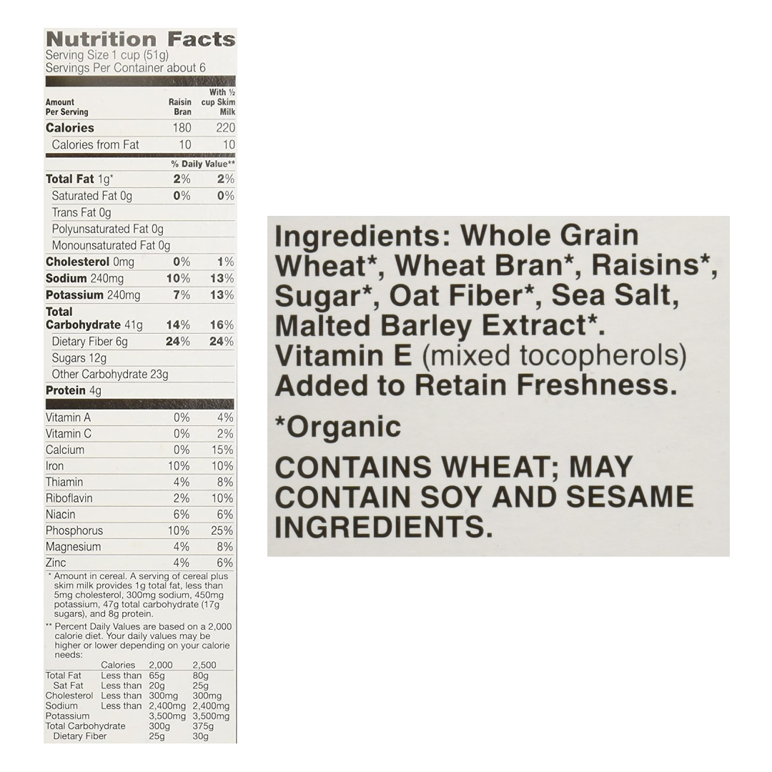 Cascadian Farm Organic Raisin Bran cereal ingredients healthy kosher cereal have willpower