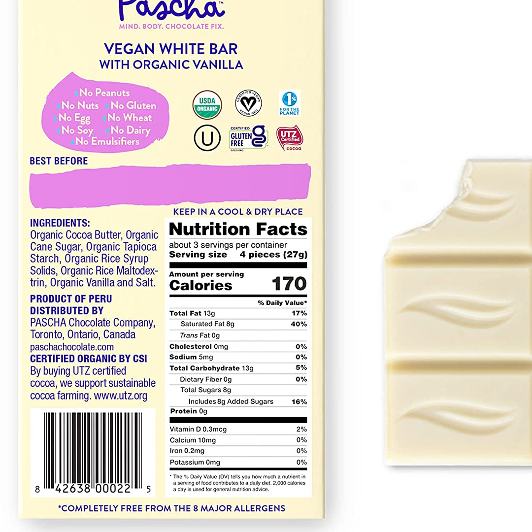 Pascha Organic White Chocolate healthy kosher chocolate bar have willpower
